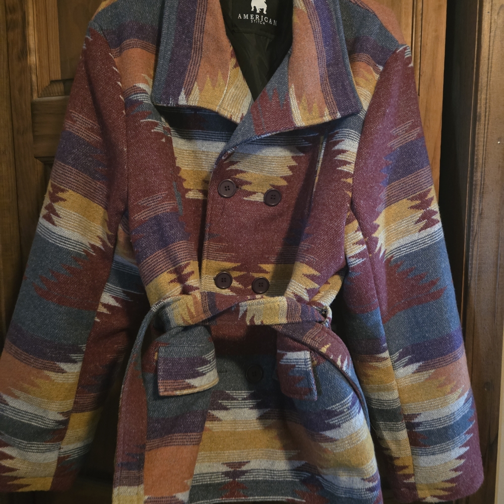 American Stitch Multicolor Patterned Pea Coat - Burgundy, Blue, Mustard